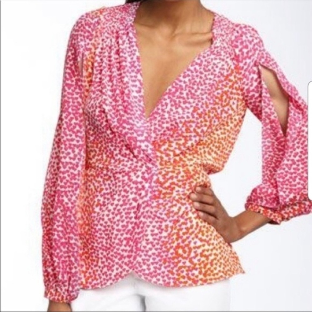 BCBGMaxAzaria silk orange pink heart Valentine’s Day print slit sleeves blouse